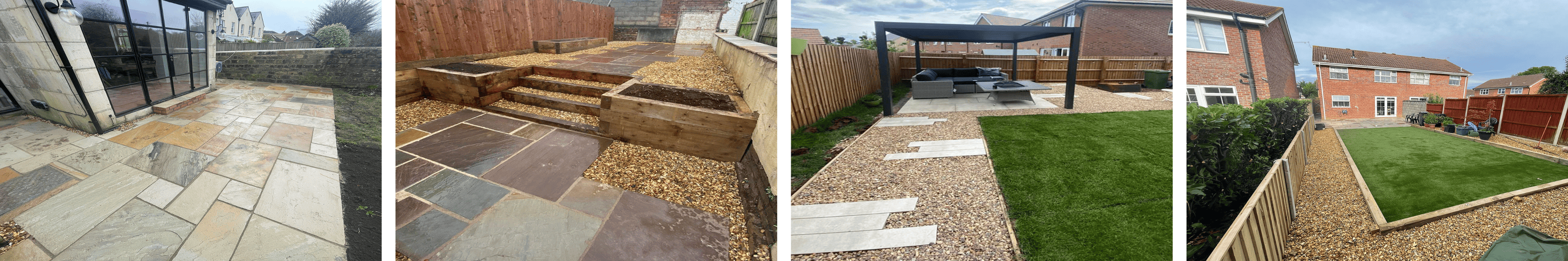 Modern backyard transformation with raised patio edging, artificial turf lawn, and seating area under a sunny sky