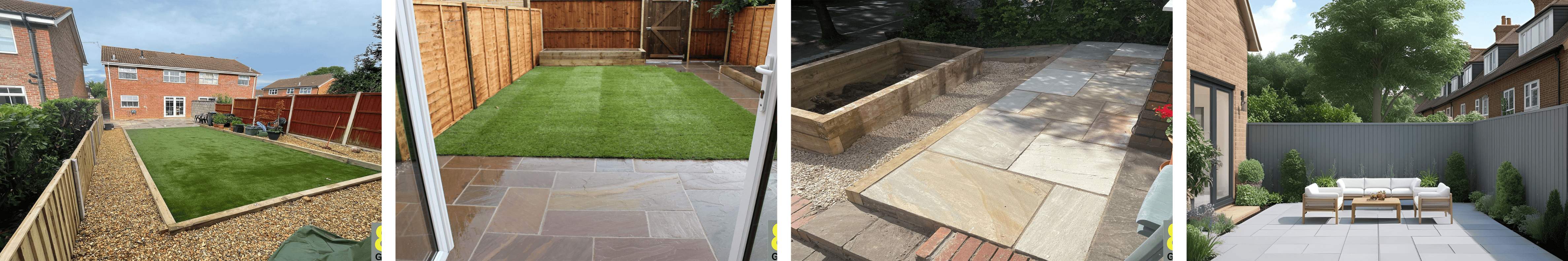 Contemporary patio area with large paving slabs, built-in turf border, wooden fence backdrop, and outdoor dining set